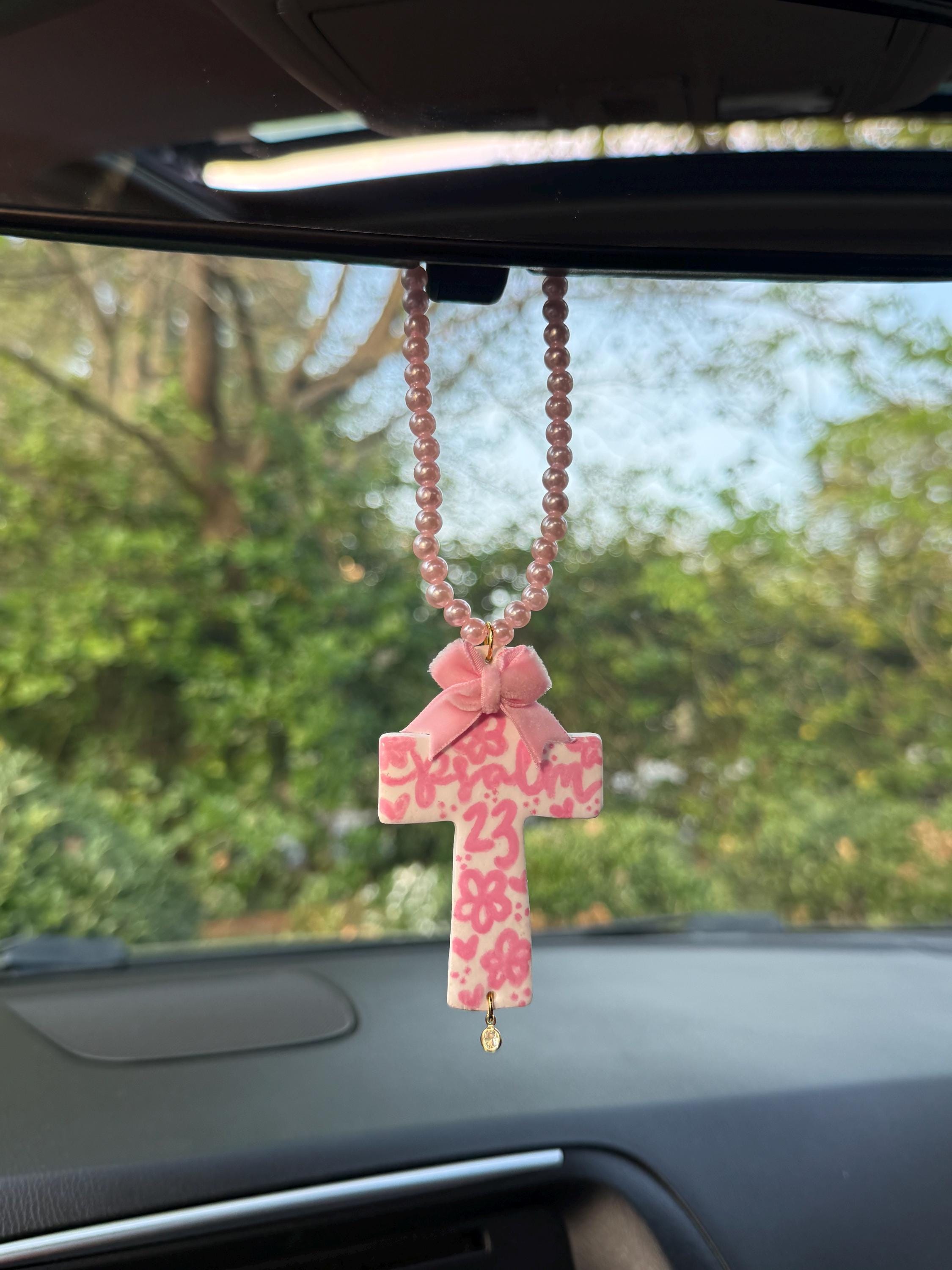 Pink Psalm 23 Cross Car Charm | Handmade Christian Rearview Mirror Car Charm