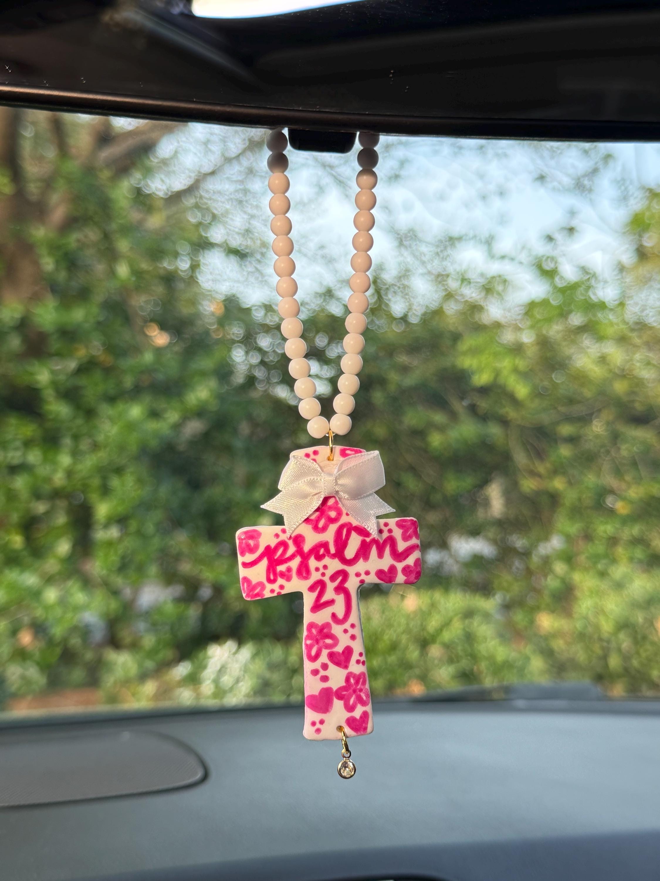 Pink Psalm 23 Cross Car Charm | Handmade Christian Rearview Mirror Car Charm