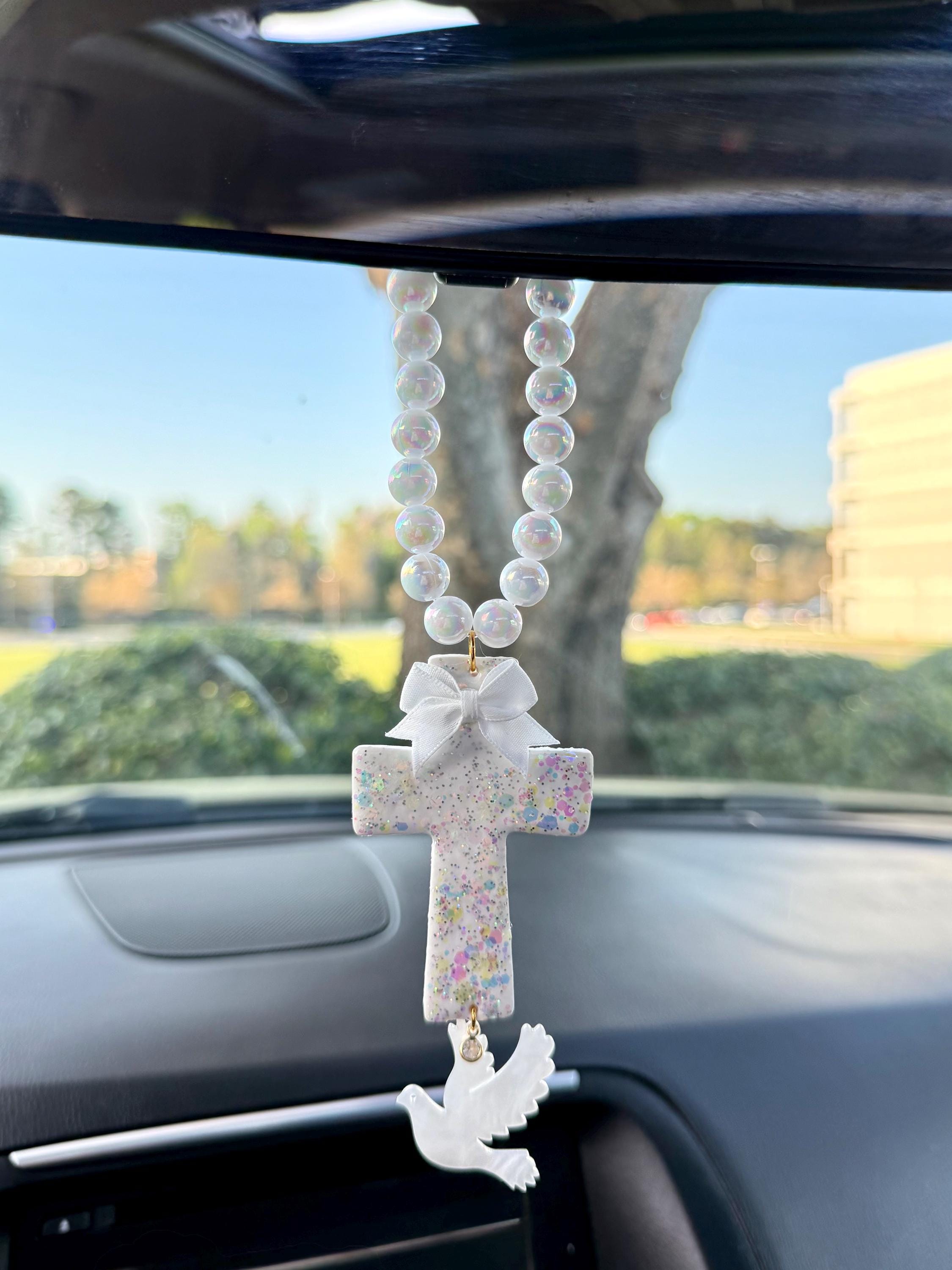 Handmade Christian Rearview Mirror Charm |  Pastel Cross Car Charm with Dove