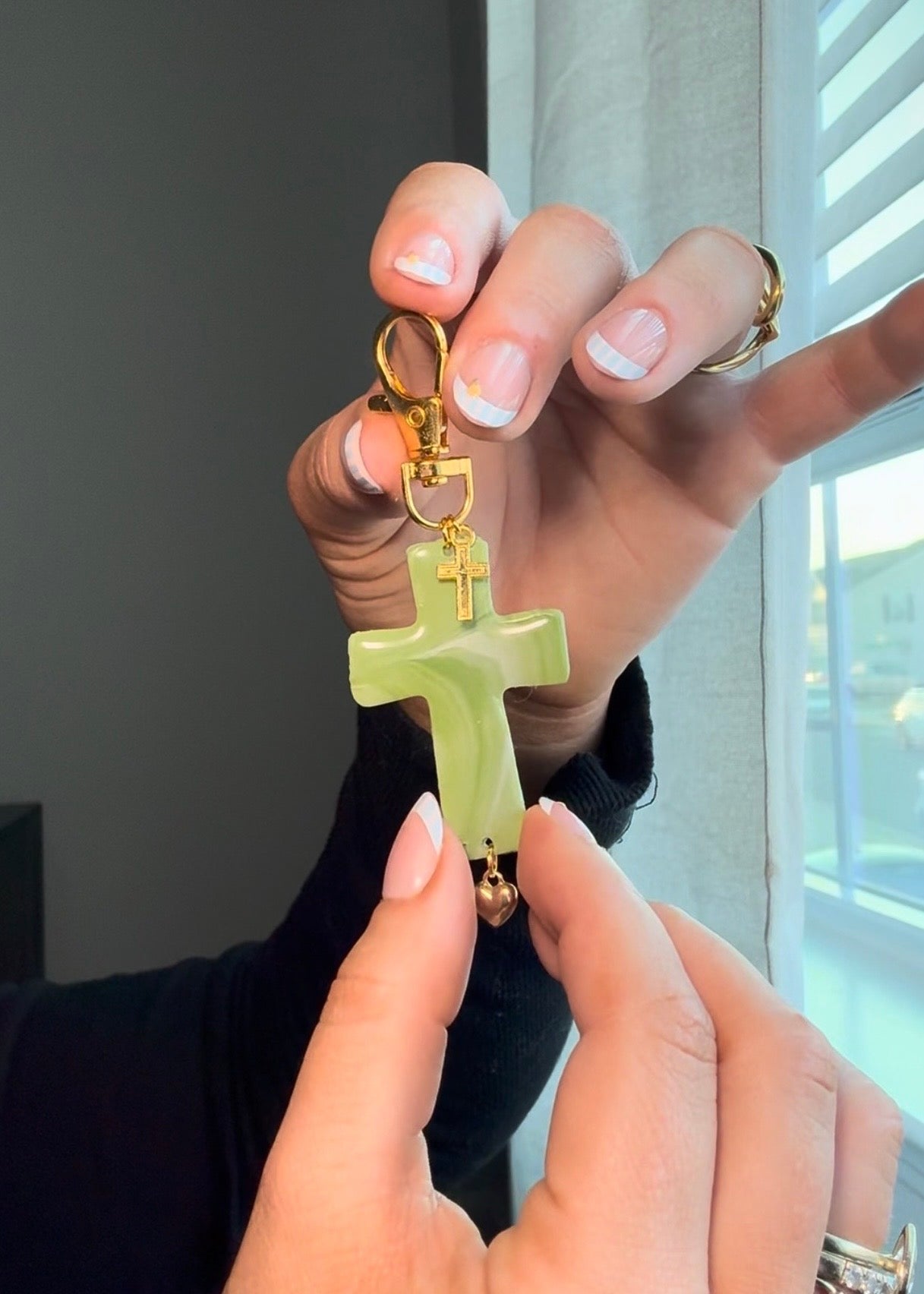 Handmade Cross Bag Charm | Green and White Marble | Christian Gift