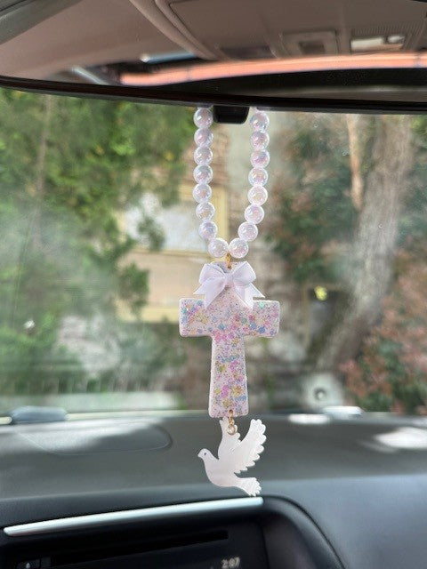 Handmade Christian Rearview Mirror Charm |  Pastel Cross Car Charm with Dove