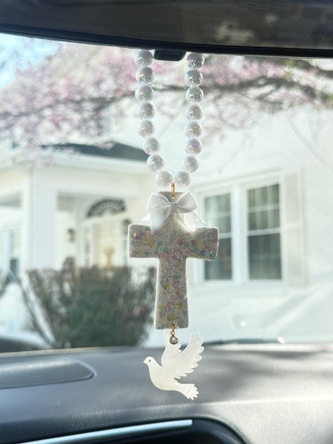 Handmade Christian Rearview Mirror Charm |  Pastel Cross Car Charm with Dove