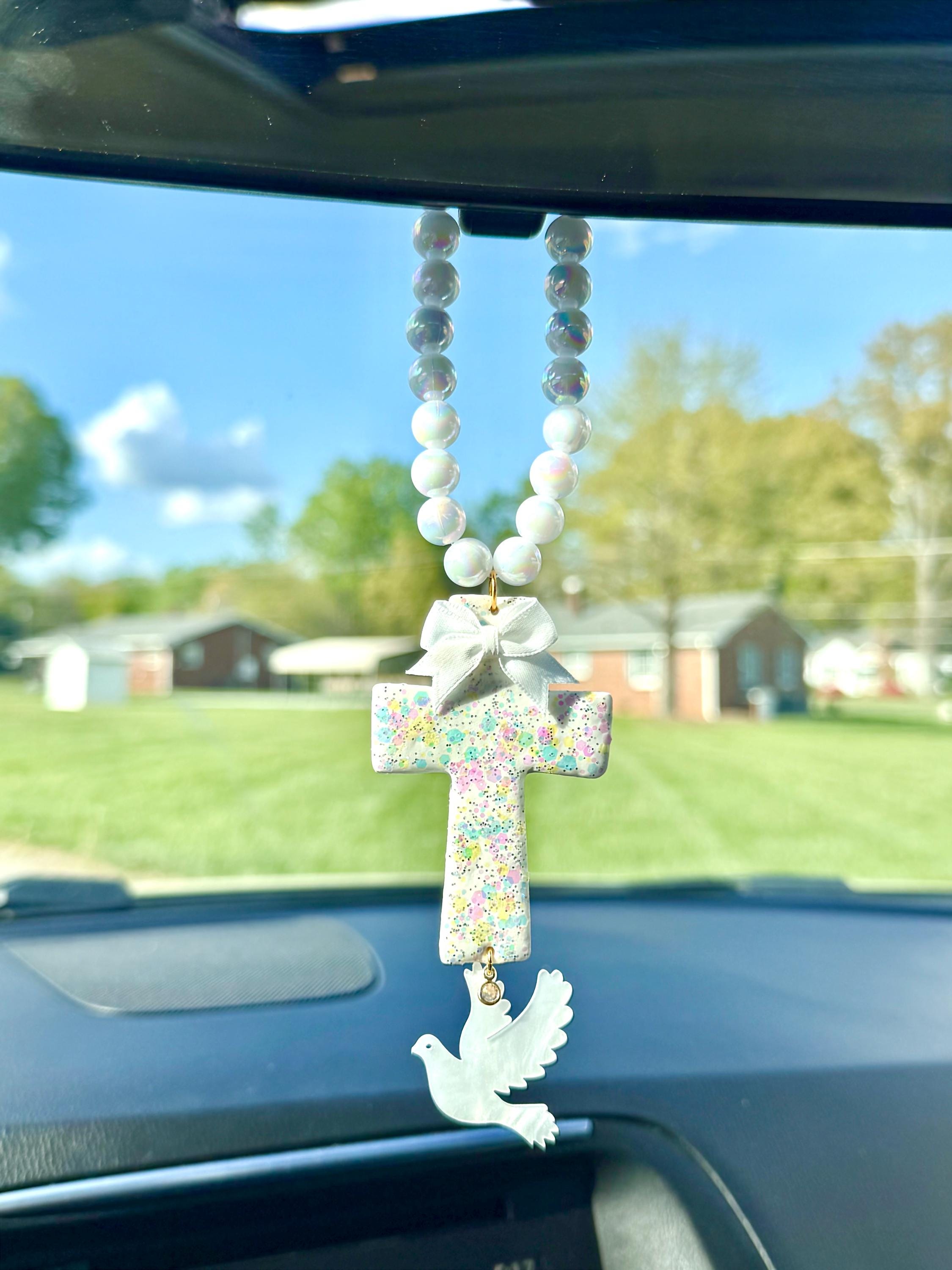 Handmade Christian Rearview Mirror Charm |  Pastel Cross Car Charm with Dove