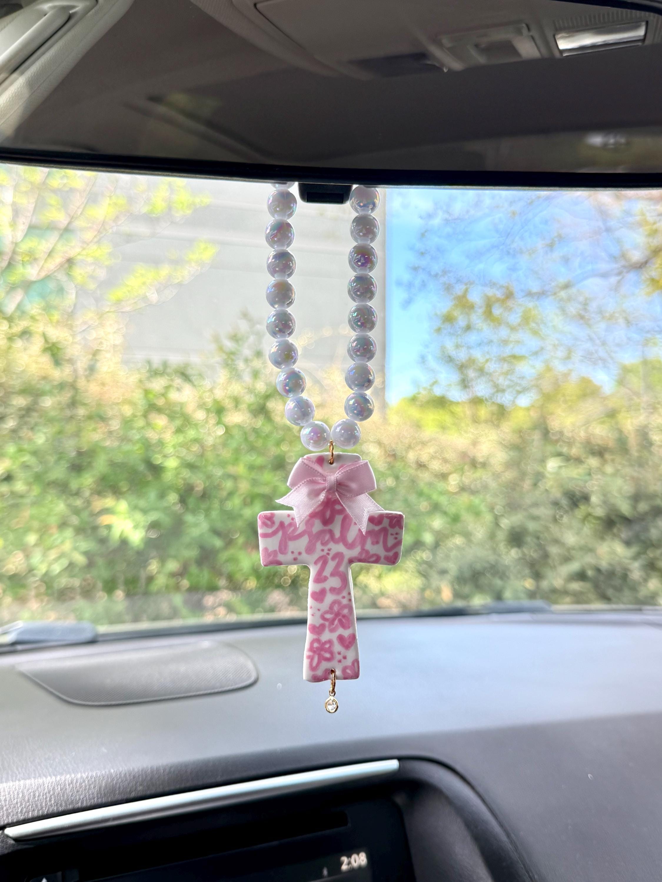 Pink Psalm 23 Cross Car Charm | Handmade Christian Rearview Mirror Car Charm